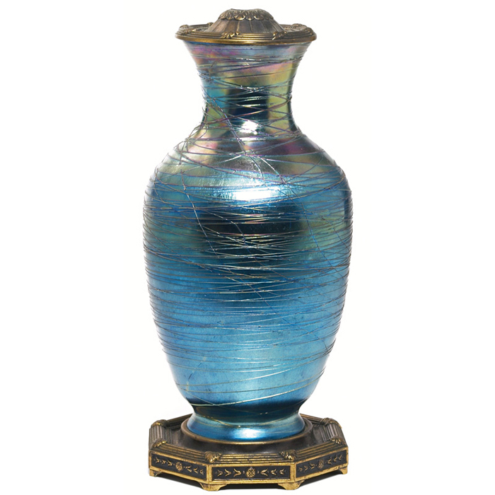 Appraisal: Durand lamp shouldered form in blue iridescent glass with applied