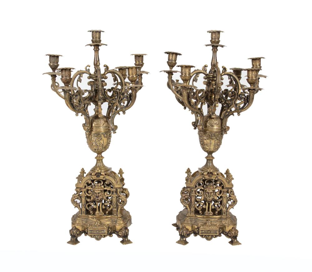 Appraisal: Pair of French Renaissance-Style Bronze Seven-Light Candelabra Lamps h to