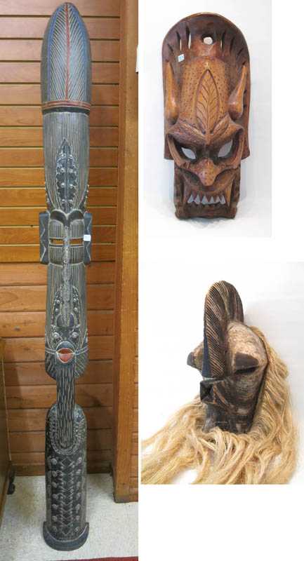 Appraisal: THREE WOOD CARVED AFRICAN ITEMS including two carved masks and