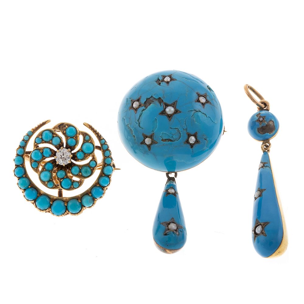 Appraisal: A Trio of Victorian Turquoise Enamel Pendants K yellow gold