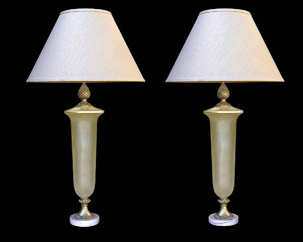 Appraisal: A pair of American interior painted glass and marble lamps