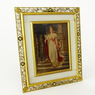 Appraisal: Antique Hand Painted Portrait Miniature in Bronze Filigree Frame Antique