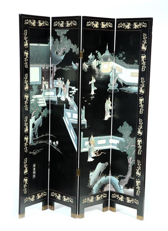 Appraisal: SCREEN China th century lacquered wood Four panel screen with