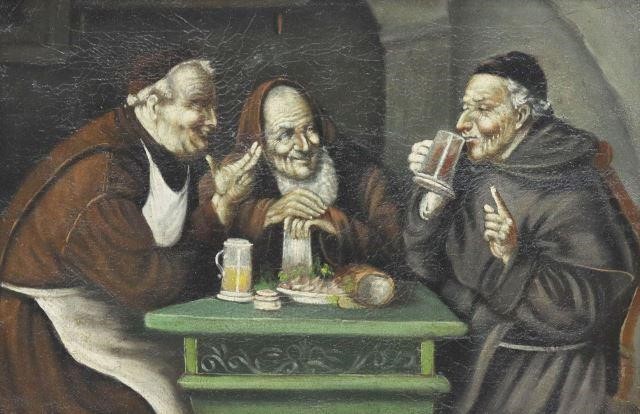 Appraisal: Framed oil on canvas painting Monks In Tavern after the