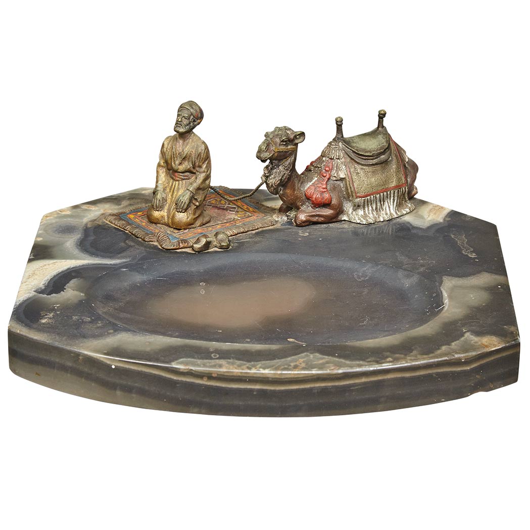 Appraisal: Austrian Cold Painted Bronze and Hardstone Tray With an Arab