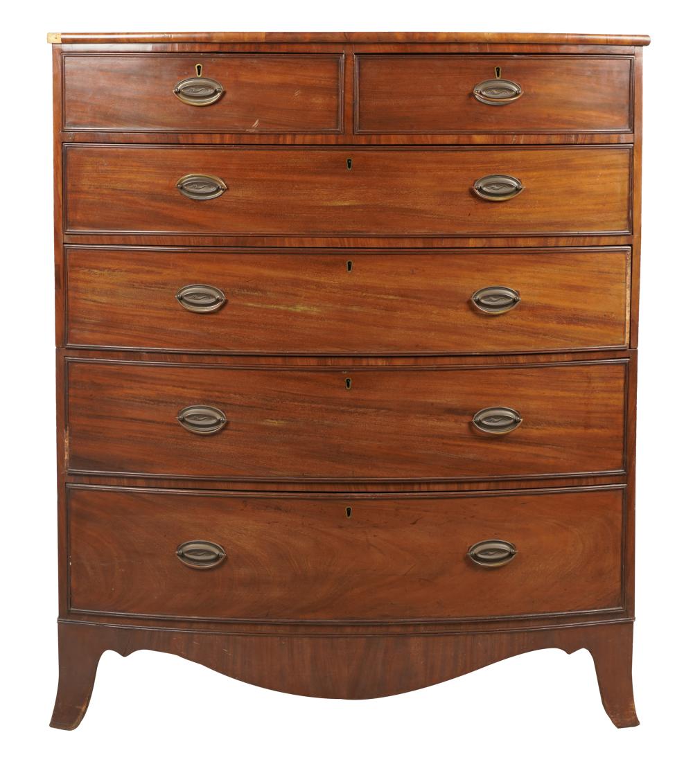 Appraisal: ENGLISH MAHOGANY TALL BOWFRONT CHESThaving two half-width drawers over four