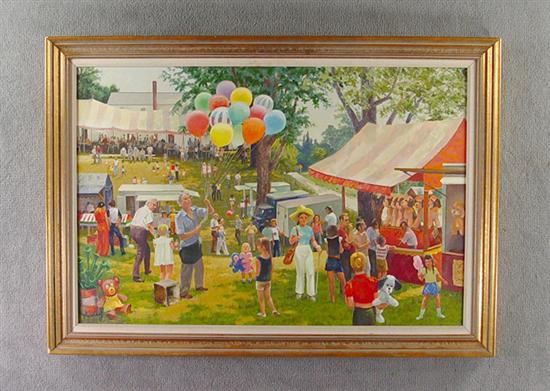 Appraisal: Oil on Canvas Circus Scene With balloons people and circus