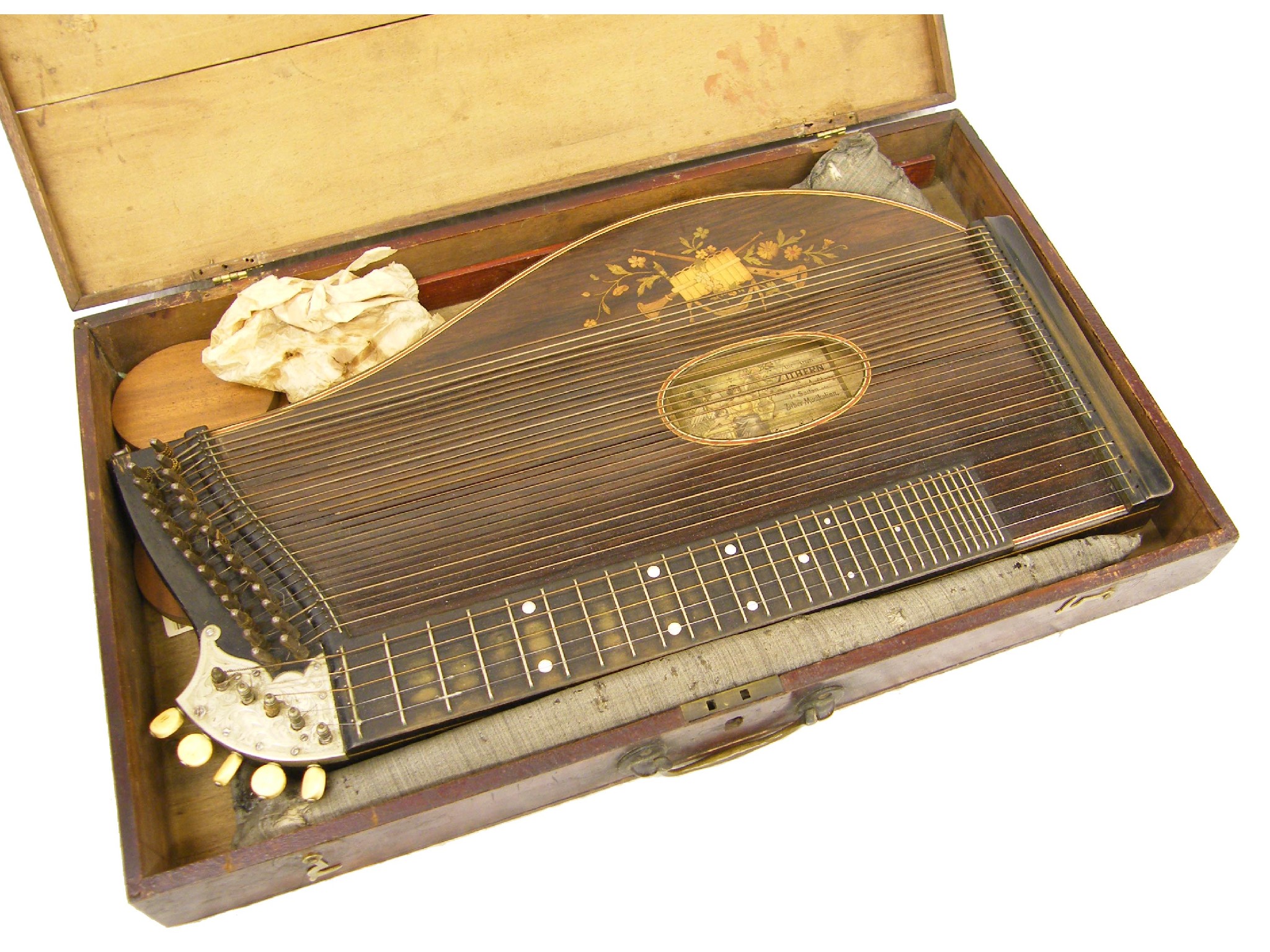 Appraisal: Rosewood inlaid fretted zither labelled and signed Herm Gschwender Munchen