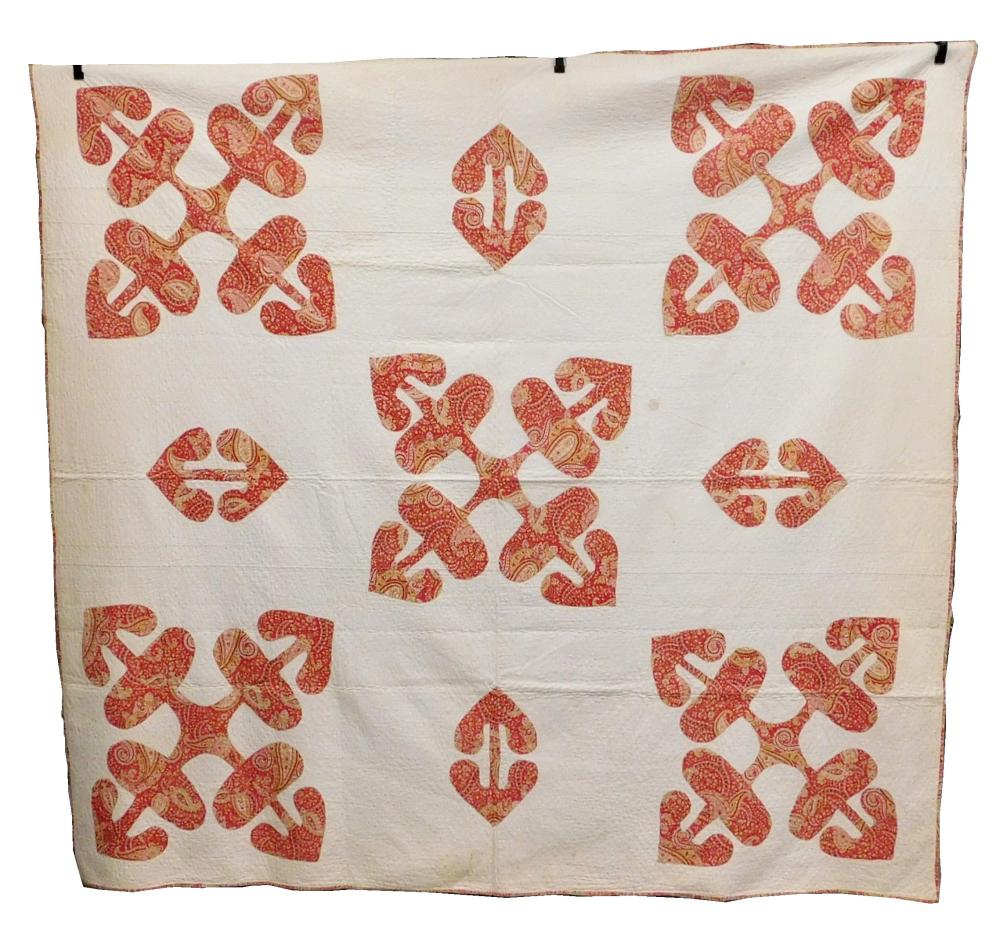 Appraisal: TEXTILE Quilt red and white applique American c - four