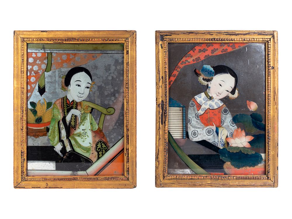 Appraisal: A Pair of Chinese Eglomise Panels Depicting Maidens x inches