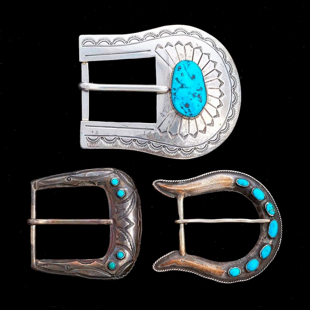 Appraisal: TURQUOISE BELT BUCKLES Three Vintage old pawn turquoise and silver