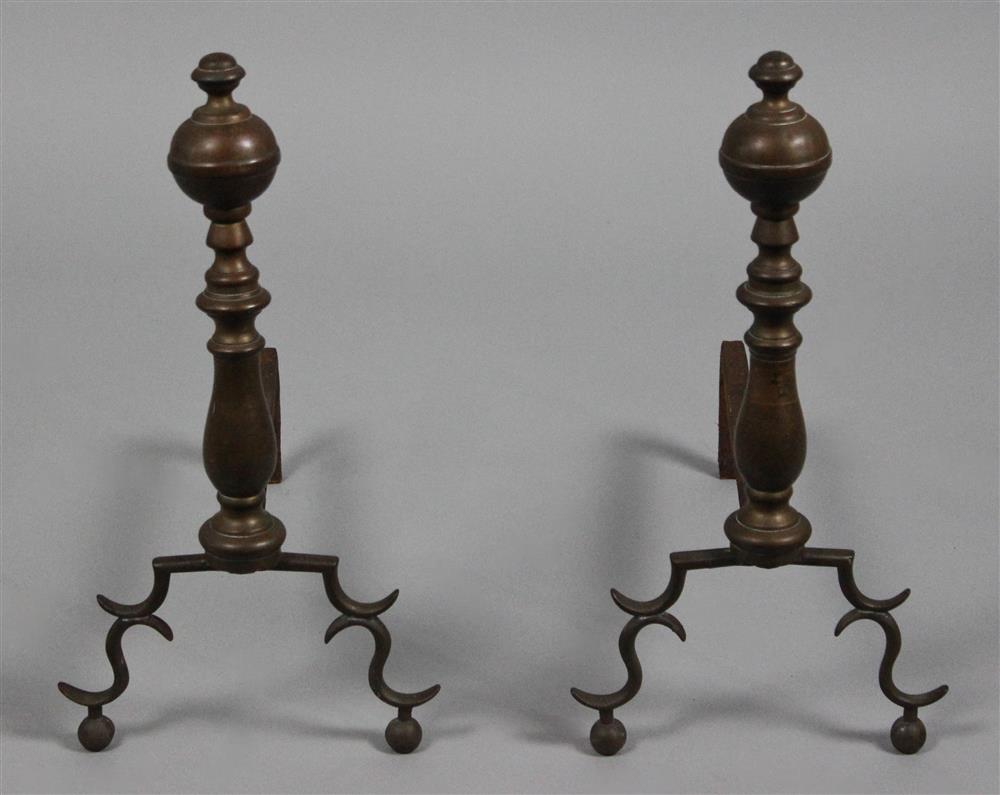 Appraisal: PAIR OF BRASS AND IRON BALL TOP ANDIRONS th Century