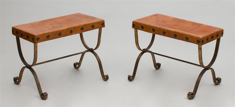 Appraisal: PAIR OF GILT-WROUGHT-IRON AND LEATHER STOOLS x x in Estimate