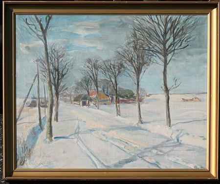 Appraisal: BERNHARD Fredriksen Danish - Snowy Road to the Village OIL