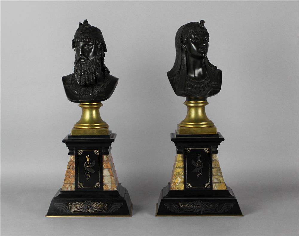 Appraisal: PAIR OF EGYPTIAN REVIVAL PATINATED BRONZE BUSTS crisply cast figures