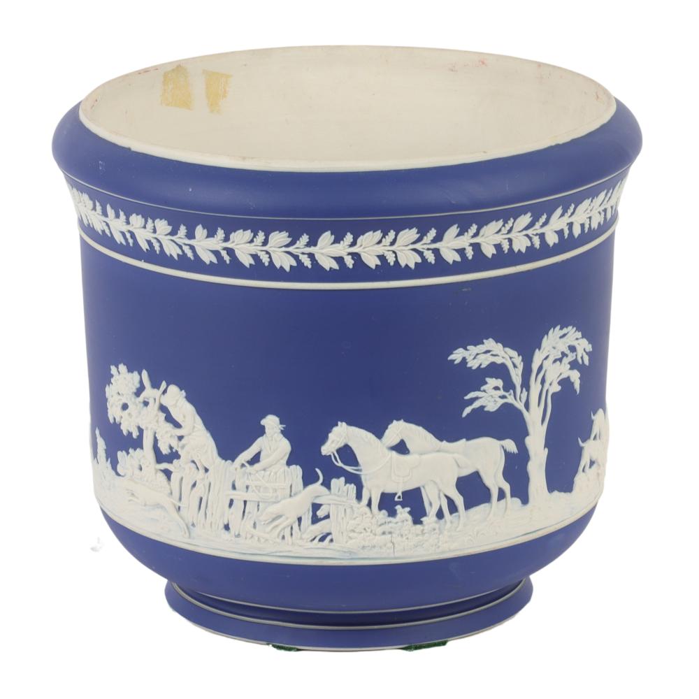 Appraisal: ADAMS TUNSTALL ENGLAND BLUE JASPERWARE CACHE POT WITH HUNTING SCENE