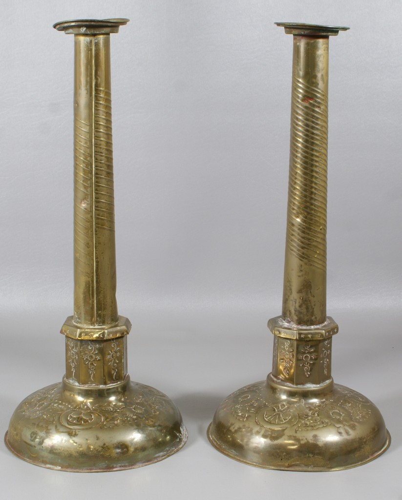 Appraisal: Pr brass Judaica Shabbas candlesticks dents tall late th th