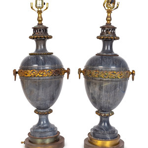 Appraisal: A Pair of Gilt Metal Mounted Grey Marble Urns TH