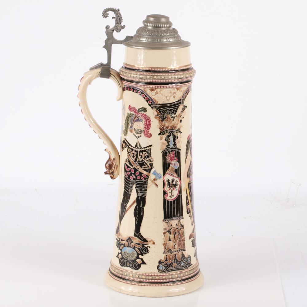 Appraisal: LARGE L GERMAN HERALDRY STONEWARE STEIN WITH FIGURAL KNIGHTS IN