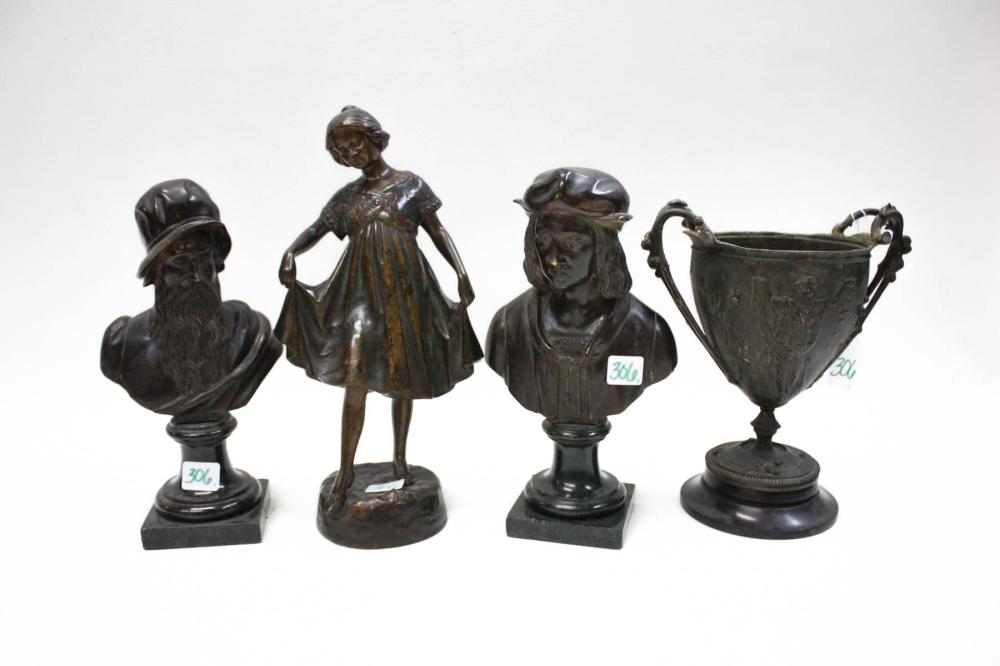 Appraisal: COLLECTION OF FOUR SCULPTURAL BRONZES including a young girl wearing