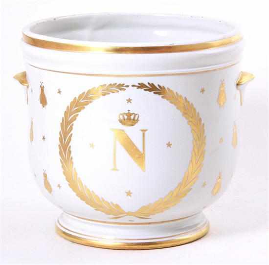 Appraisal: Paris porcelain cachepot late th century gilt decorated with Napoleon's