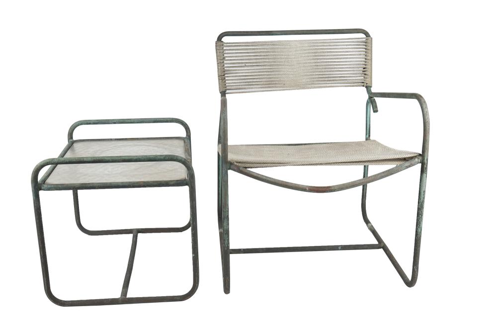 Appraisal: WALTER LAMB PATIO LOUNGE CHAIR SIDE TABLEverdigris bronze the table