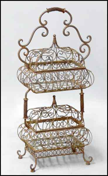 Appraisal: SCROLLED IRON TWO-TIER COVERED BASKET STAND H '' W ''