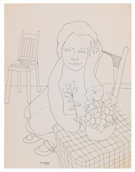 Appraisal: BENNY ANDREWS - Woman with Flowers Pen and ink on