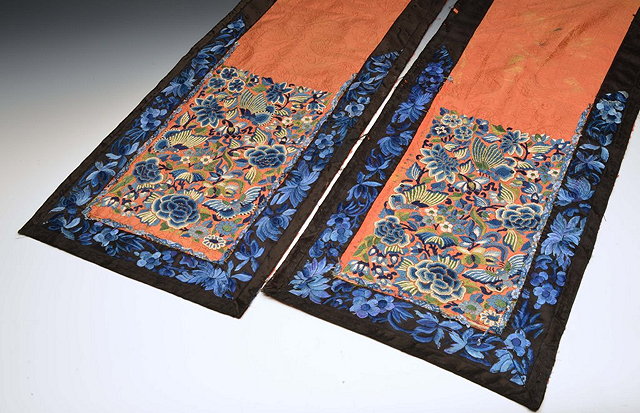 Appraisal: A PAIR OF CHINESE EMBROIDERED RECTANGULAR PANELS each with flower