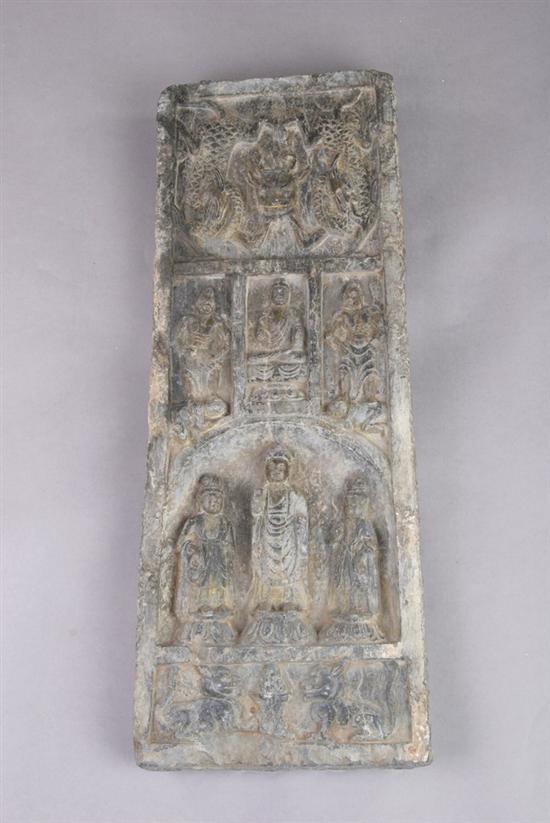 Appraisal: KOREAN GREY STONE PLAQUE Silla dynasty Carved to depict Buddha