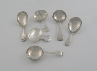 Appraisal: Six various caddy spoons a Fiddle example round bowl by