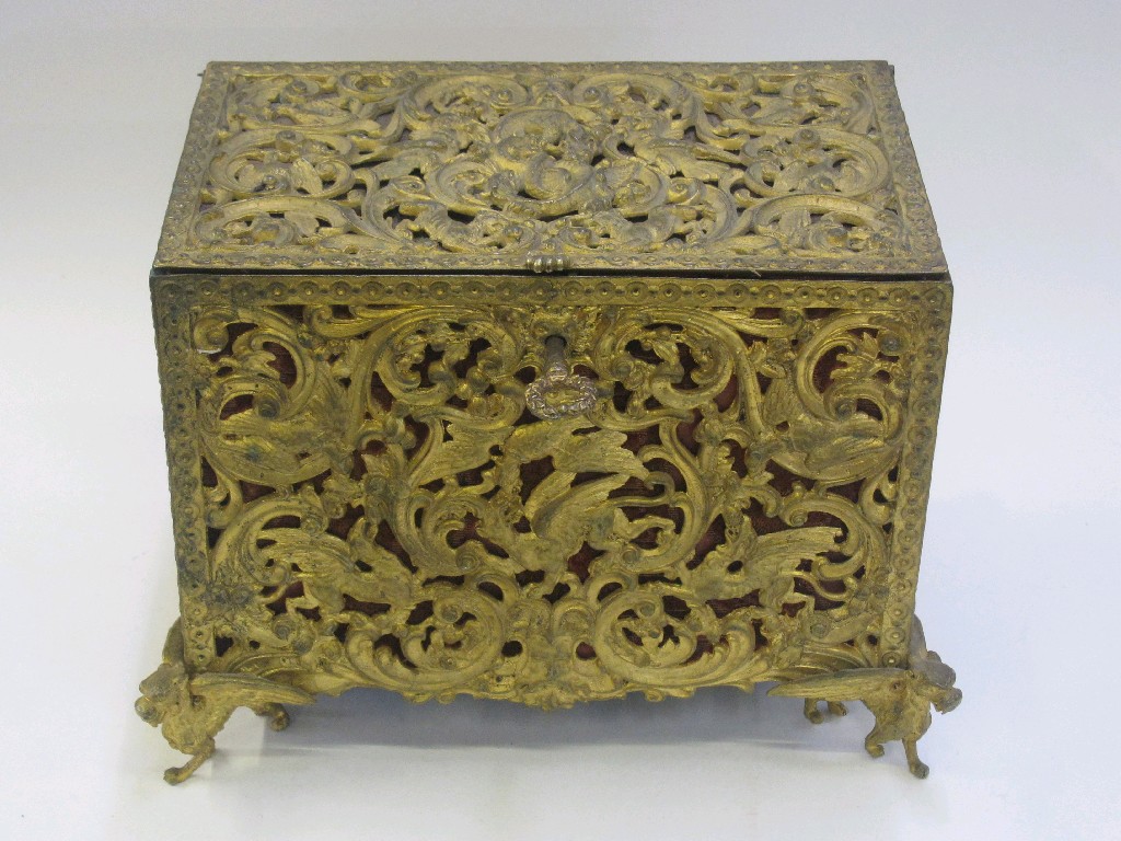 Appraisal: Reticulated gilt metal casket with birds nestled amongst swags sat