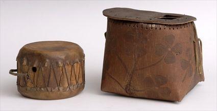 Appraisal: BIRCH BARK FISHING BASKET AND A SMALL WOOD AND HIDE