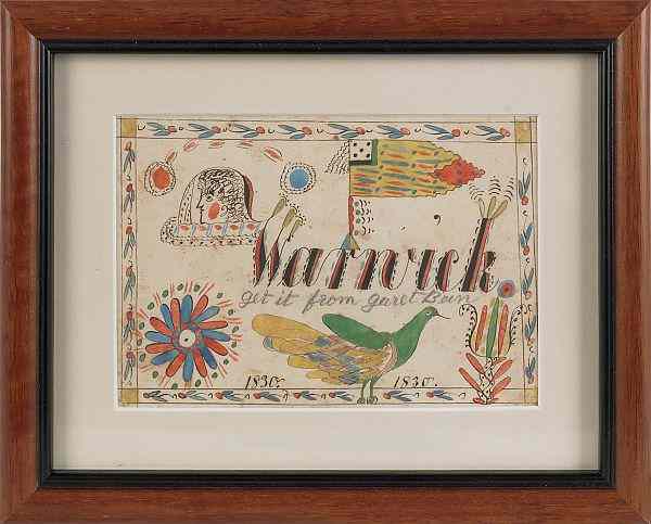 Appraisal: Attributed to schoolmaster Henry Johnson ink and watercolor fraktur reward