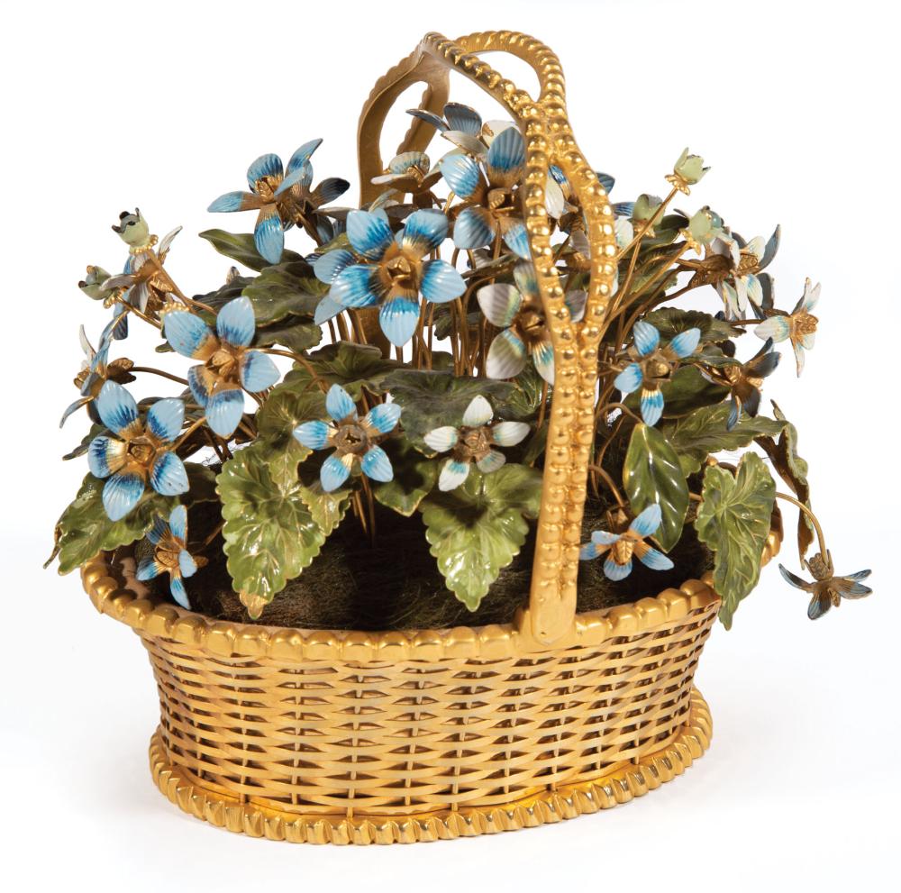 Appraisal: Gilt Brass Basket with Enameled Bouquet h in w in