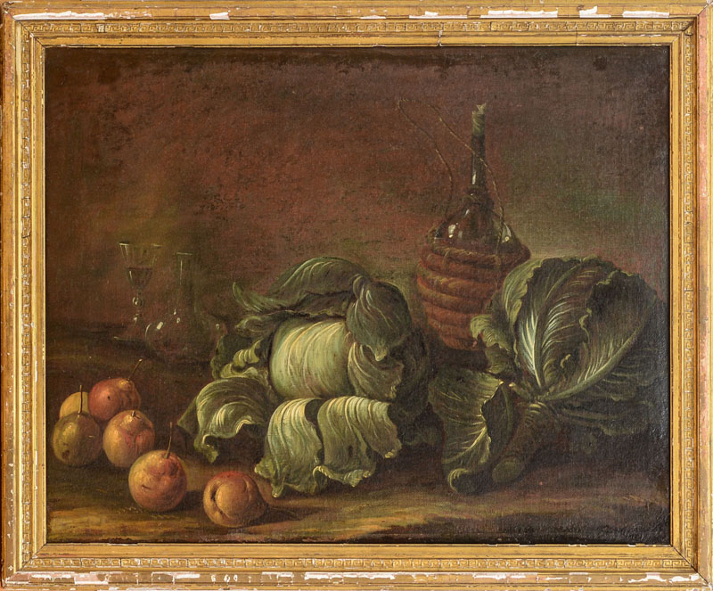 Appraisal: CONTINENTAL SCHOOL STILL LIFE WITH CABBAGE AND PEARS Oil on