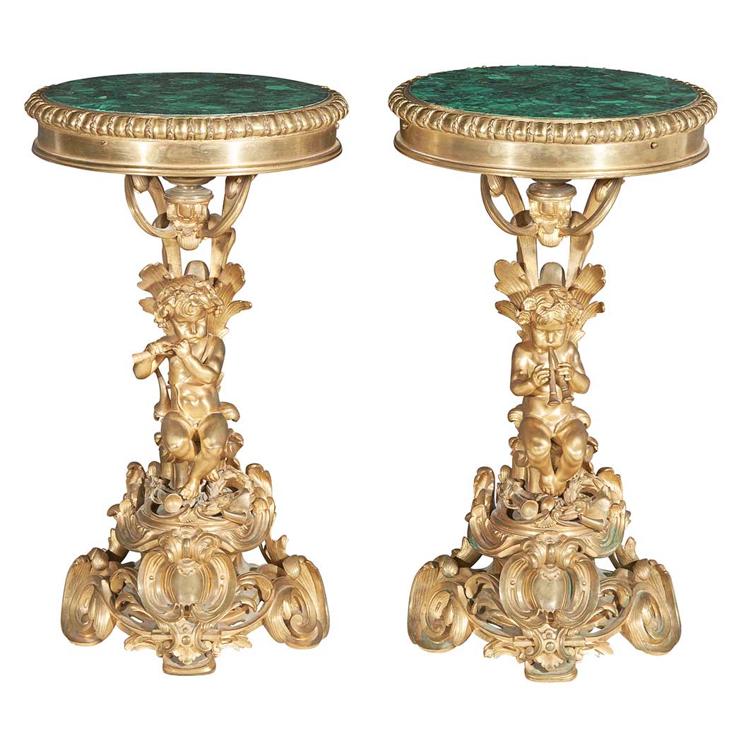 Appraisal: Pair of Louis XV Style Gilt-Bronze and Malachite Figural Low