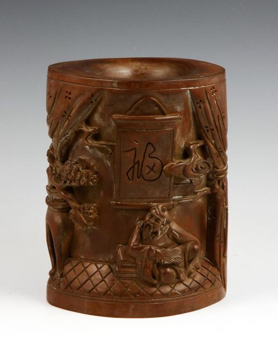 Appraisal: - Carved Wooden Brush Pot Brush pot carved wood x