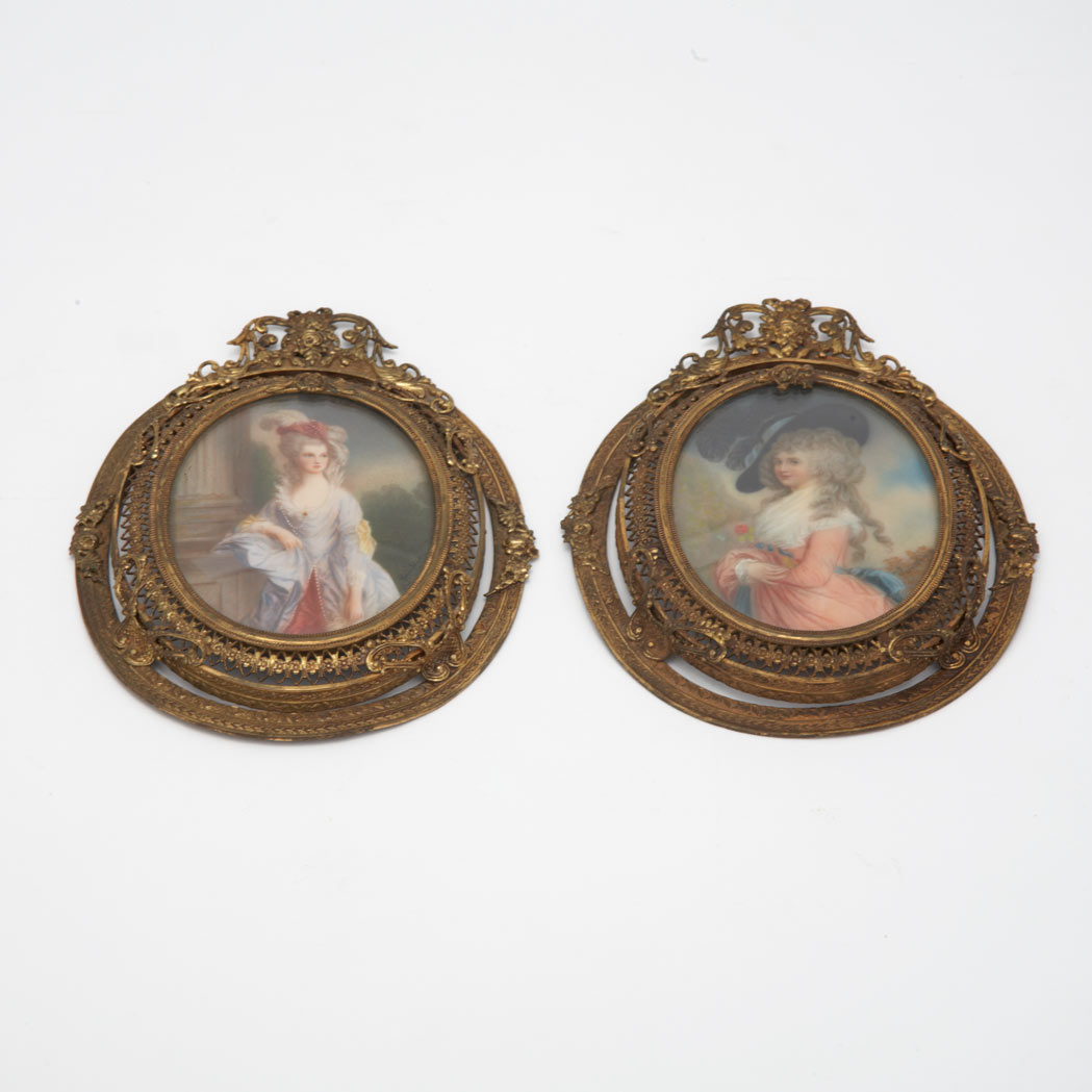 Appraisal: Pair of Gilt-Metal Framed Miniature Portraits of Aristocratic Women Late