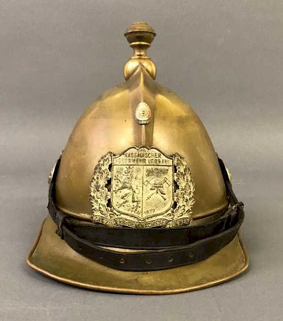 Appraisal: German Brass Fireman's Helmet German Brass fireman's helmet dated with