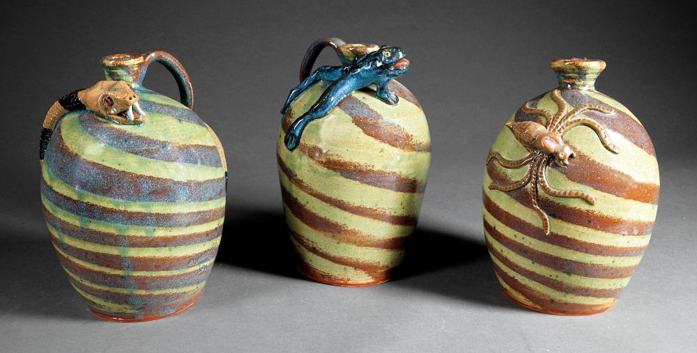 Appraisal: Three American Folk Art Stoneware Figural Jugs by Albert Hodge