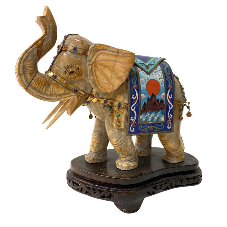 Appraisal: Bone Carved Thaibetian Elephant on Wooden Stand Bone Carved Thaibetian