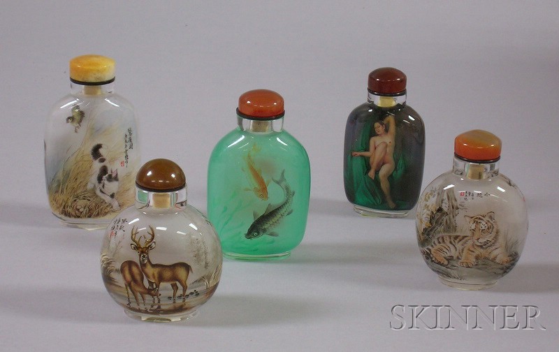 Appraisal: Five Glass Hand-painted Snuff Bottles cased signed depicting fish a