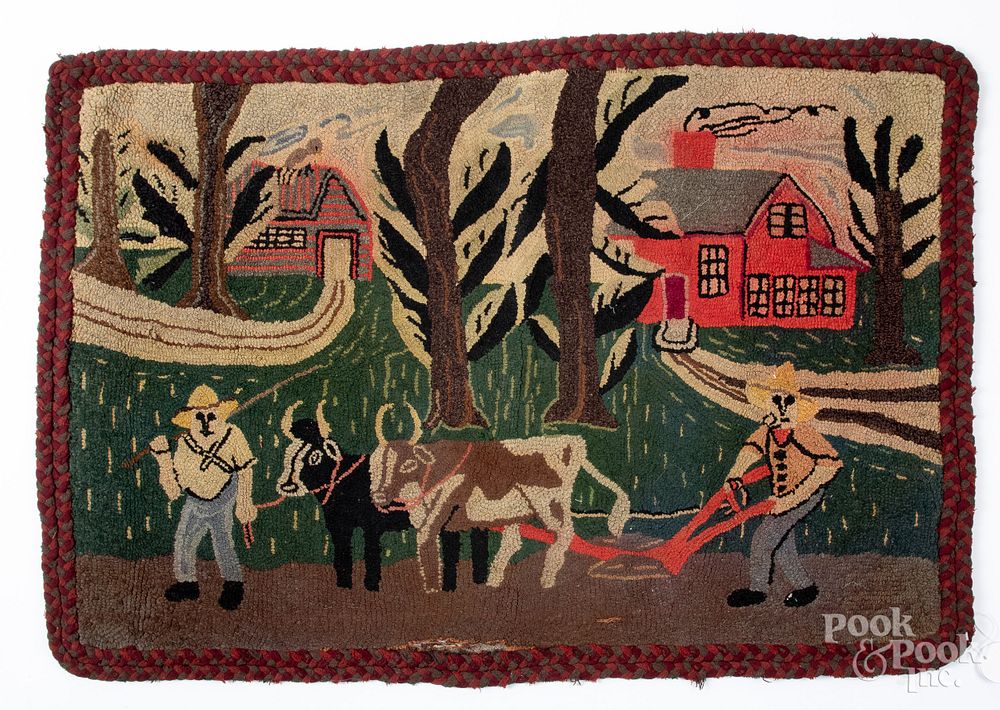 Appraisal: American hooked rug American hooked rug with farmers tilling a