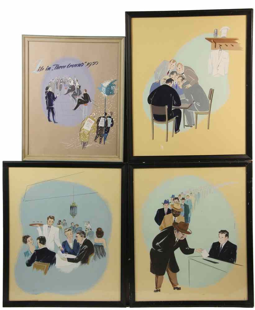 Appraisal: GOUACHES - Four Framed Gouaches from the Three Crowns Restaurant