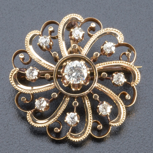 Appraisal: Victorian k yg and diamond cluster brooch Curved bright-cut rays