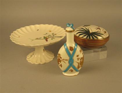 Appraisal: Three assorted English porcelain tablewares Comprising of a lidded bottle