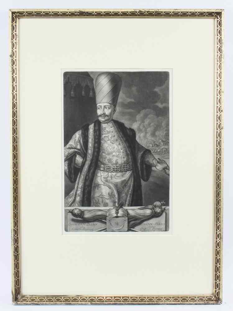 Appraisal: EARLY MEZZOTINT ENGRAVING PORTRAIT OF OSSMANN BASSA The Turkish leader