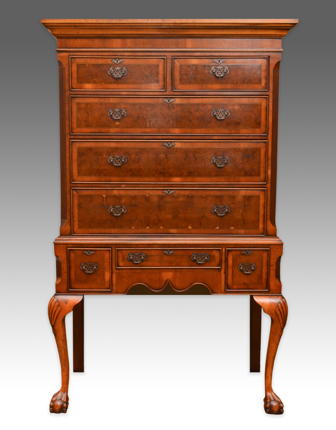 Appraisal: CHIPPENDALE STYLE OYSTER YEW WOOD HIGHBOY th century oystered and