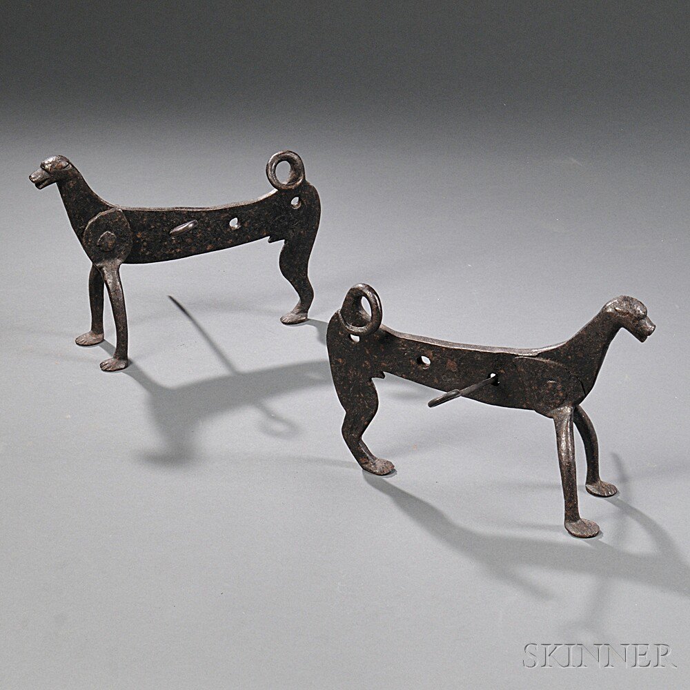 Appraisal: Cast Iron Dog-form Firedogs with Skewers Continental Europe late th